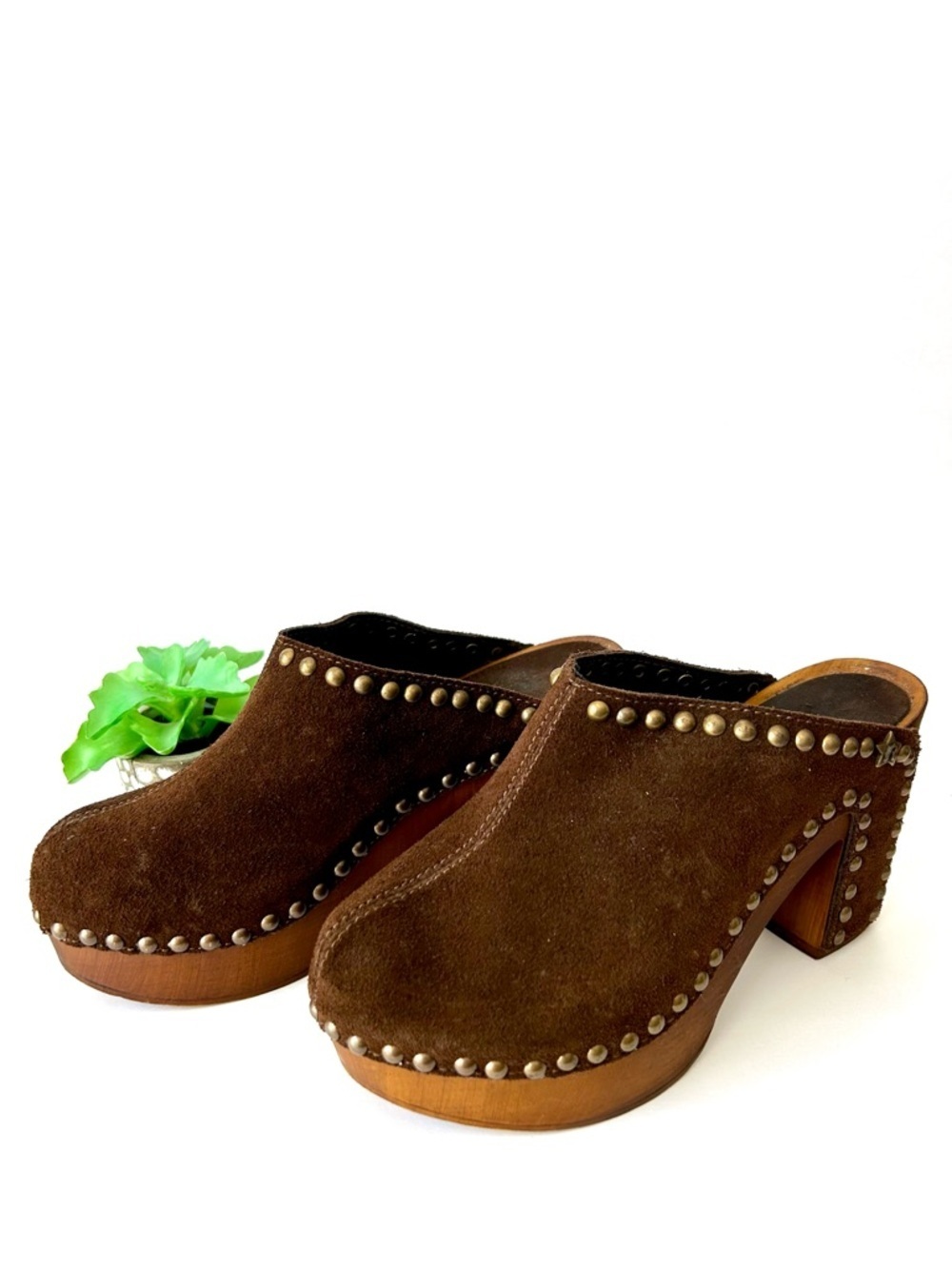 Vintage 90s Y2K Replay Platform Clog Mules Brown Suede Nailhead Wood Heel Sz 37